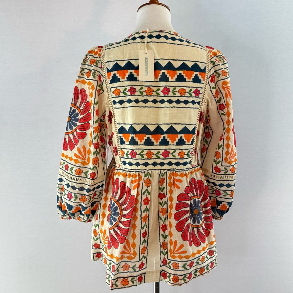 Sundance Zariah Orange Blue Cream Beaded Floral Print Blouse - Picture 4 of 16